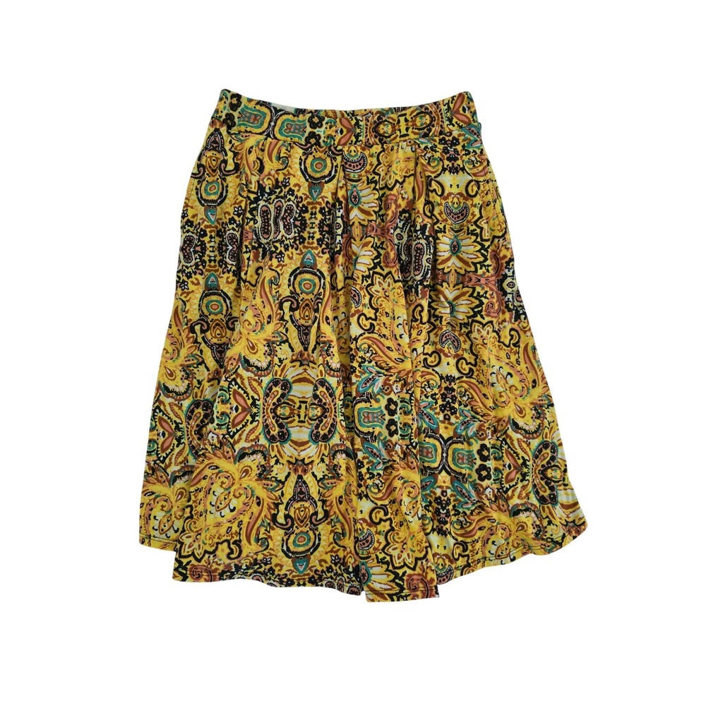 LulaRoe Madison Skirt Womens Medium Yellow Paisley‎ Floral Pleated Pockets USA